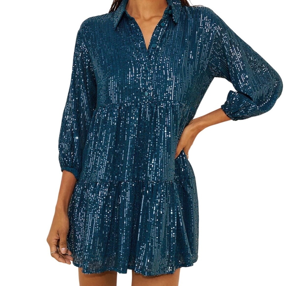 NWT Maeve Anthropologie Emerald Green Sequin Tiered Mini Shirt Dress Medium